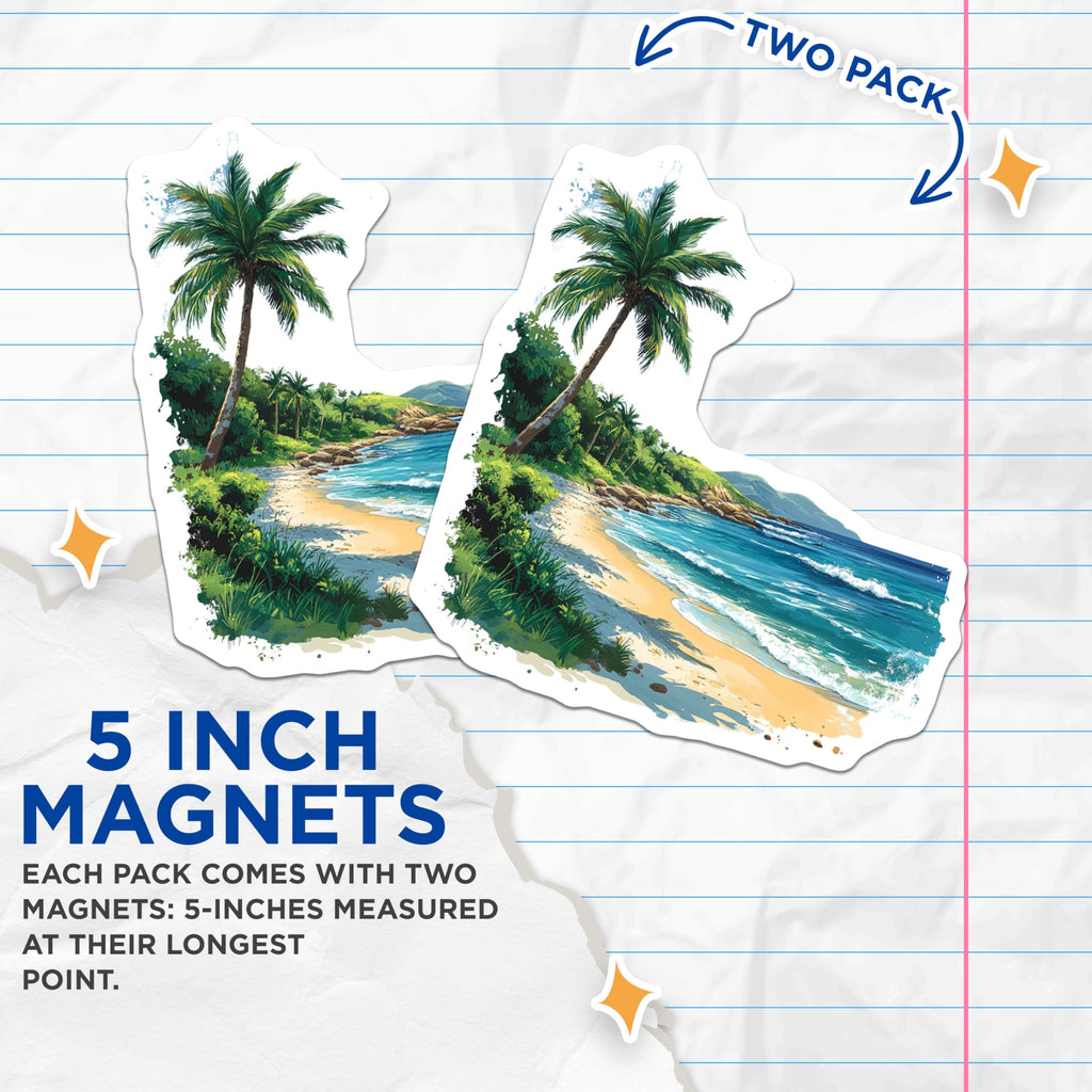 (2 Pack) Tropical Beach Magnets - Ocean Scenery Decor - Palm Tree Landscape - 5 Inches On Longest Side - Thick Durable Magnet - Made in USA - MAG23547