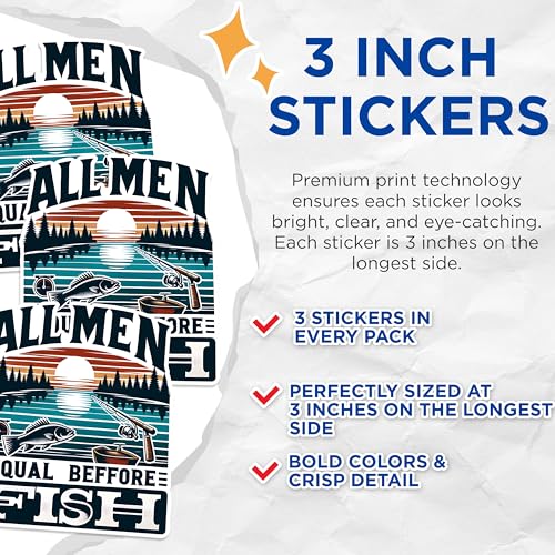 (3 Pack) Fishing Decals - All Men Equal Before Fish - Angler Laptop Decal - 3 Inches On Longest Side - Easy Peel & Apply - Made in USA - 3MCS1476
