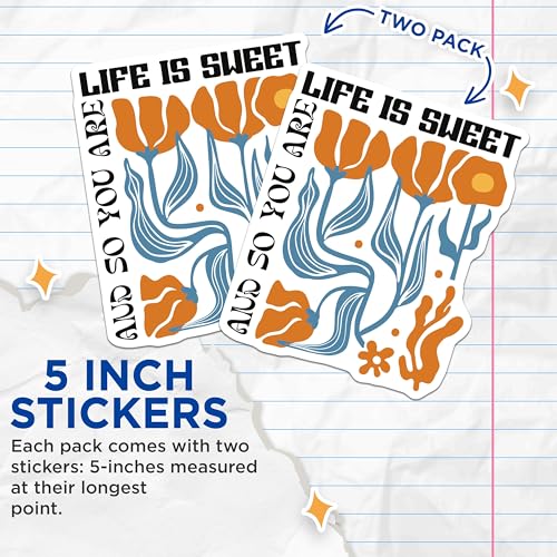 (2 Pack) Life is Sweet Stickers - Inspirational Quote - Floral Design Stickers - 5" On Longest Side - Sticks to Smooth Flat Surfaces - Made in USA - BMCS3839