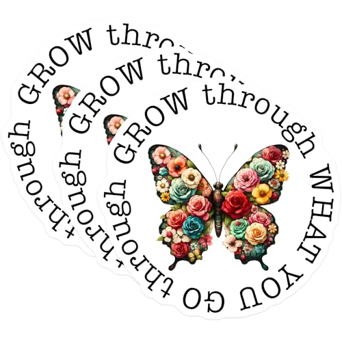 (3 Pack) Butterfly Decals - Floral Butterfly - Grow Through What You Go Through - 3 Inches On Longest Side - Easy Peel & Apply - Made in USA - 3MCS8504
