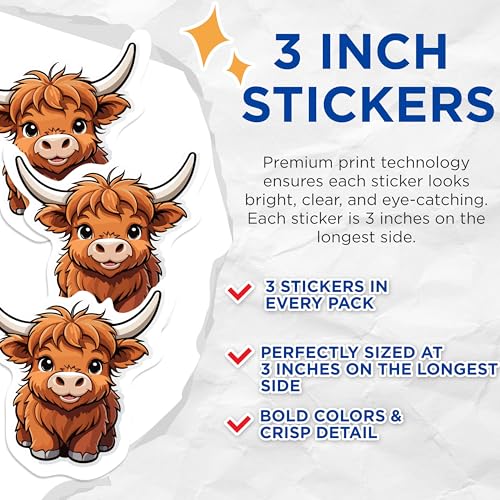 (3 Pack) Highland Cow Decals - Cute Cow Stickers - Laptop Decals - 3 Inches On Longest Side - Easy Peel & Apply - Made in USA - 3MCS1056