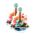 (2 Pack) Tropical Guitar Magnets - Hawaiian Island Music Decor - Vibrant Watercolor Beach Scene - Ocean Sunset Art - 5 Inches On Longest Side - Thick Durable Magnet - Made in USA - MAG23003