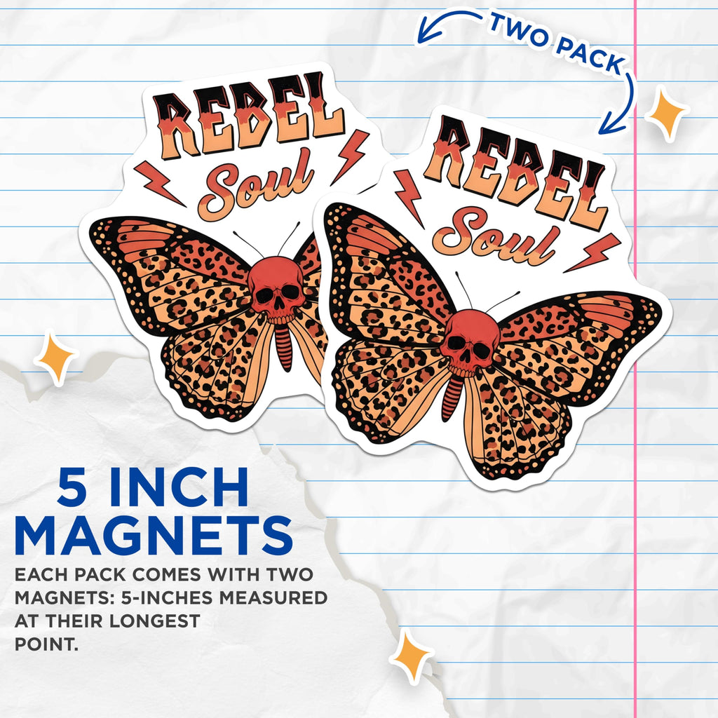 (2 Pack) Rebel Soul Magnets - Skull Butterfly Magnet - Leopard Print Home Decor - 5" On Longest Side - Premium Magnet - for Cars, Refrigerators, Toolboxes, Lockers - Made in USA - MAG18574