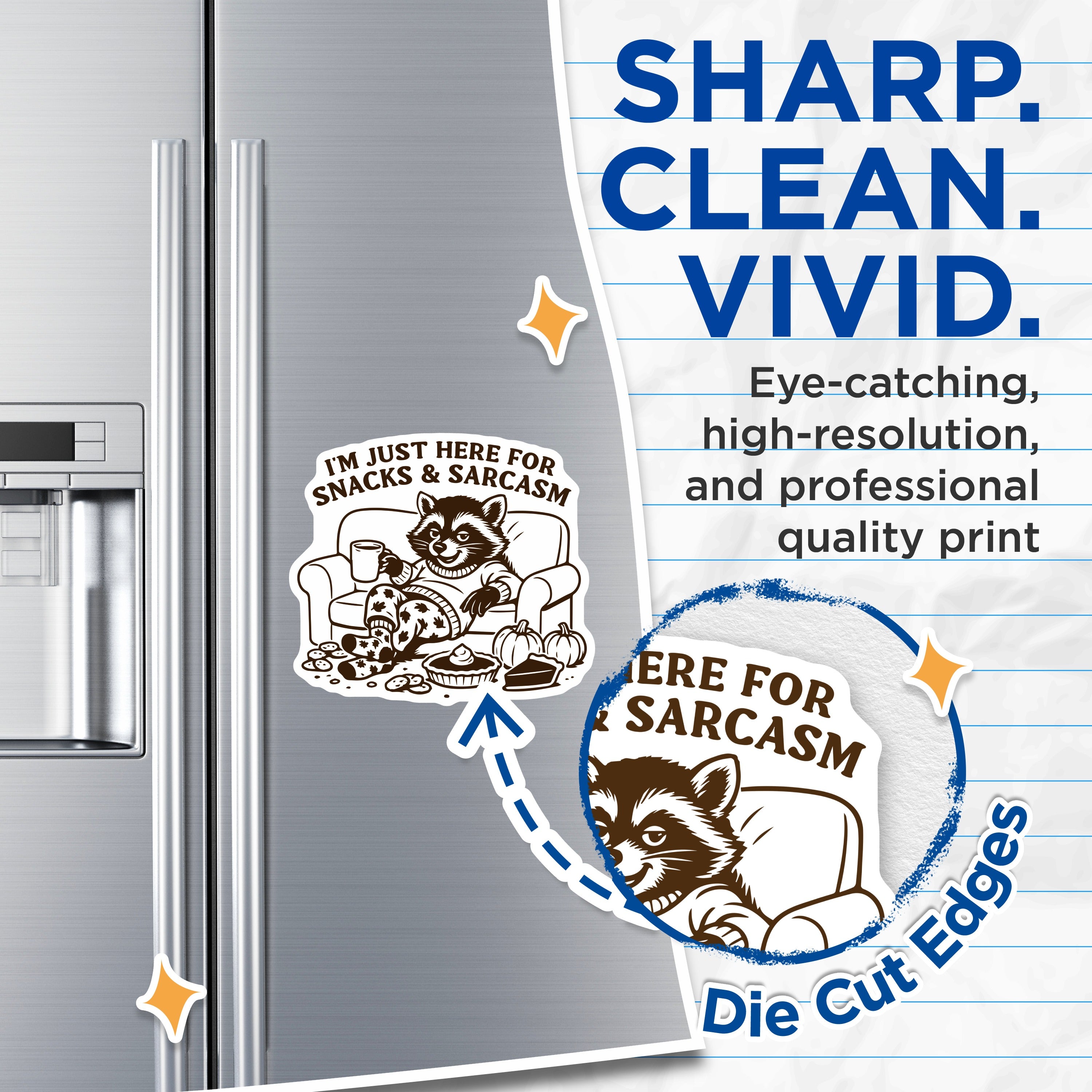 (2 Pack) Snacks Sarcasm Raccoon Magnets - Funny Animal Lover - Autumn Fall Decor - Cozy Homebody Kitchen Fridge Accent - 5 Inches On Longest Side - Thick Durable Magnet - Made in USA - MAG39772