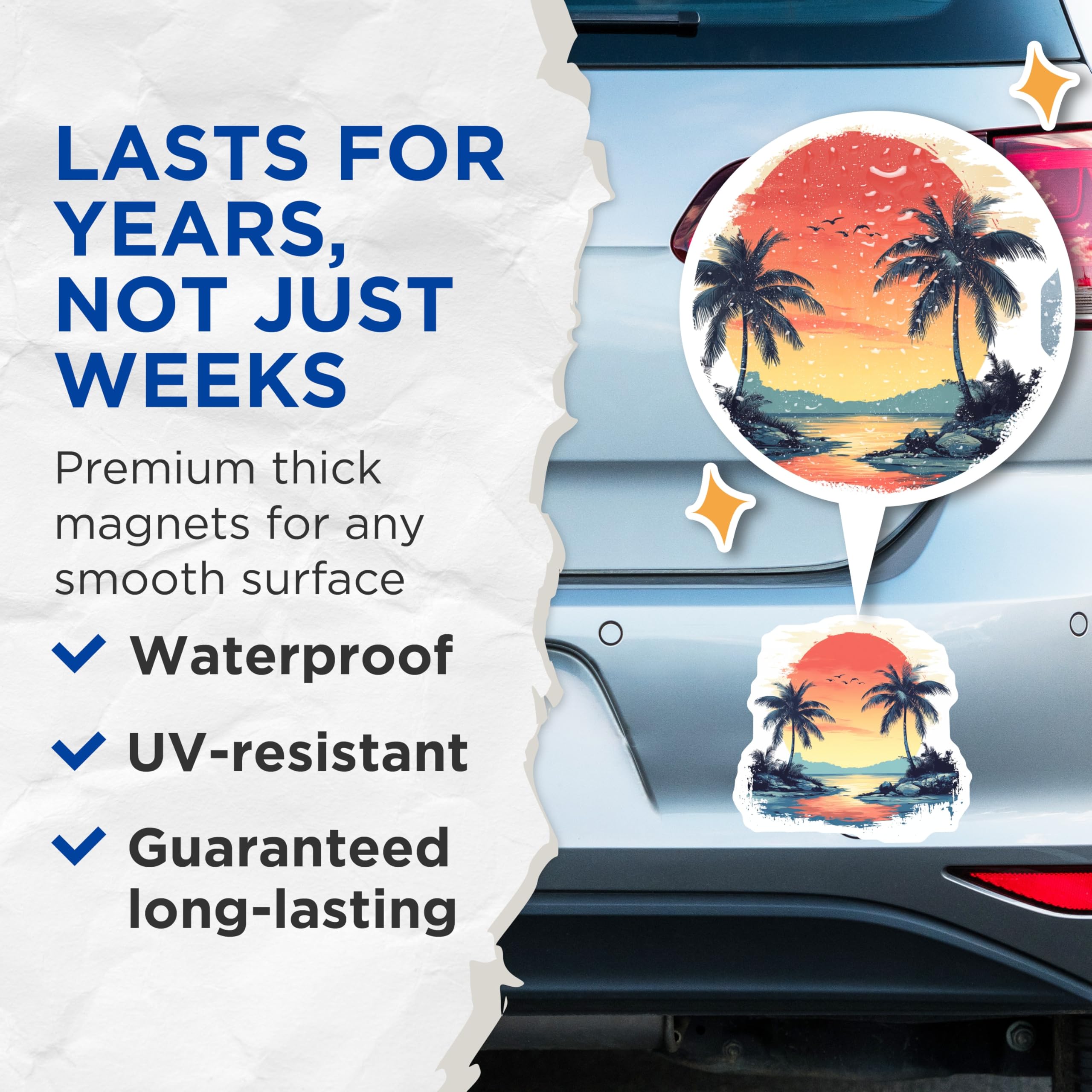 (2 Pack) Tropical Sunset Magnets - Palm Trees Beach Scenery - Ocean Horizon Paradise Island View Travel Artwork - 5 Inches On Longest Side - Thick Durable Magnet - Made in USA - MAG24029