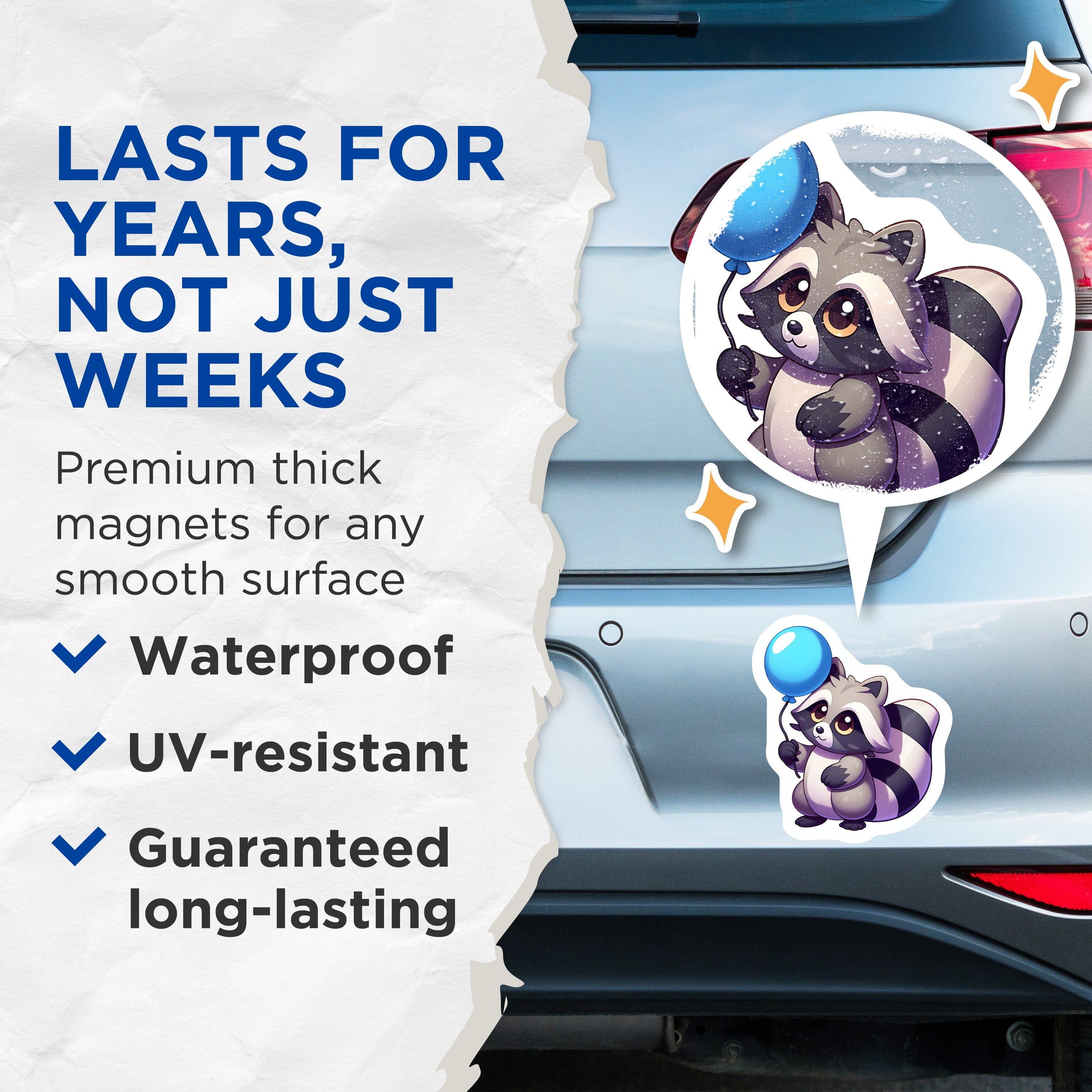 (2 Pack) Cute Raccoon Magnets - Kawaii Animal Decor - Happy Woodland Creature Art for Refrigerator - 5 Inches On Longest Side - Thick Durable Magnet - Made in USA - MAG38114