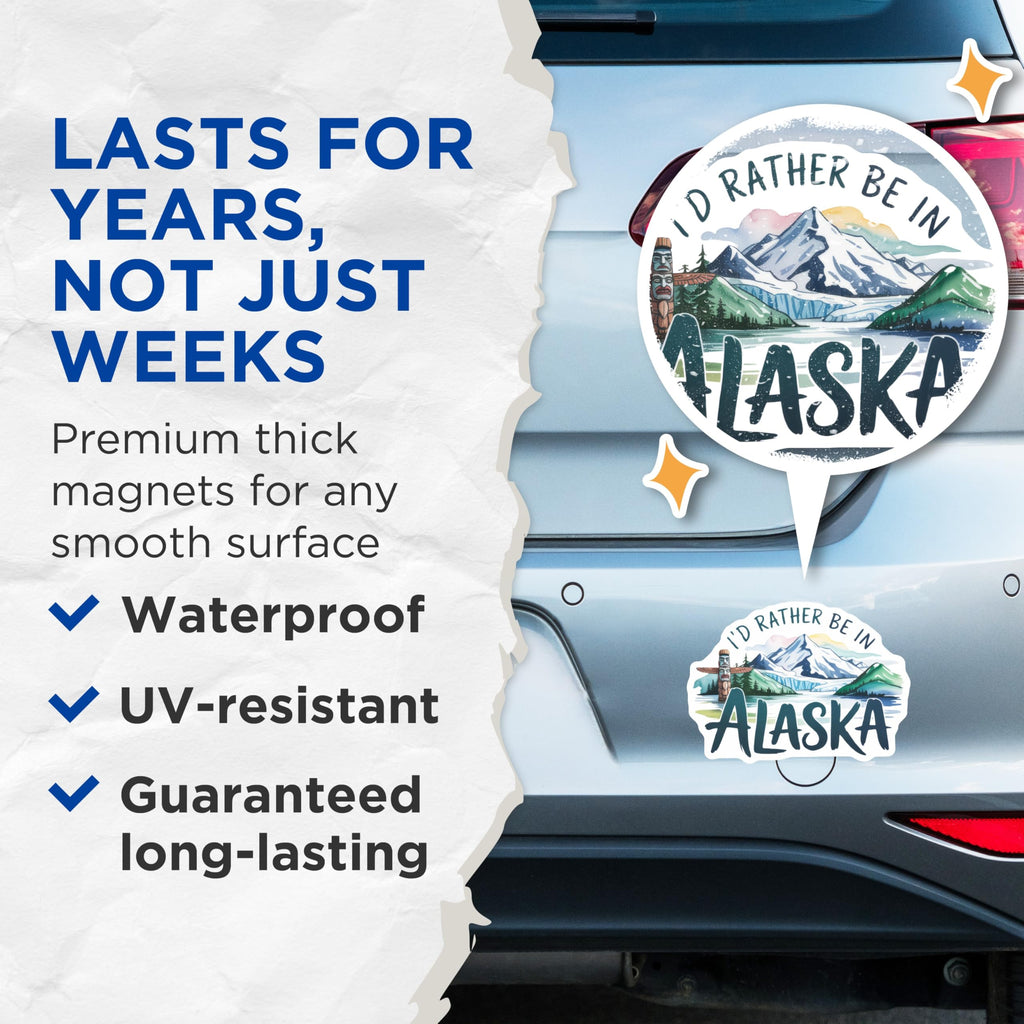 (2 Pack) Alaska Travel Magnets - Alaskan Totem Pole Art - I'd Rather Be in Alaska Souvenir - 5" On Longest Side - Premium Magnet - for Cars, Refrigerators, Toolboxes, Lockers - Made in USA - MAG17936