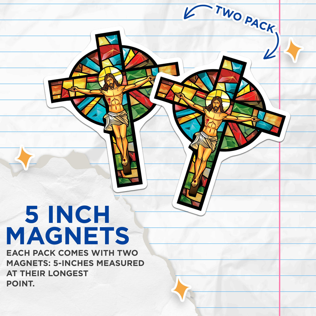 (2 Pack) Stained Glass Jesus Magnets - Christian Cross Refrigerator Decor - Catholic Faith Adornment - 5 Inches On Longest Side - Thick Durable Magnet - Made in USA - MAG39421