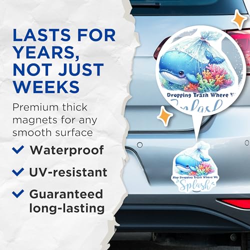 (2 Pack) Whale Water Conservation Magnets - Eco Friendly Save The Ocean - Cute Marine Life - 5" On Longest Side - for Cars, Fridges, Toolboxes - Made in USA - MAG7955