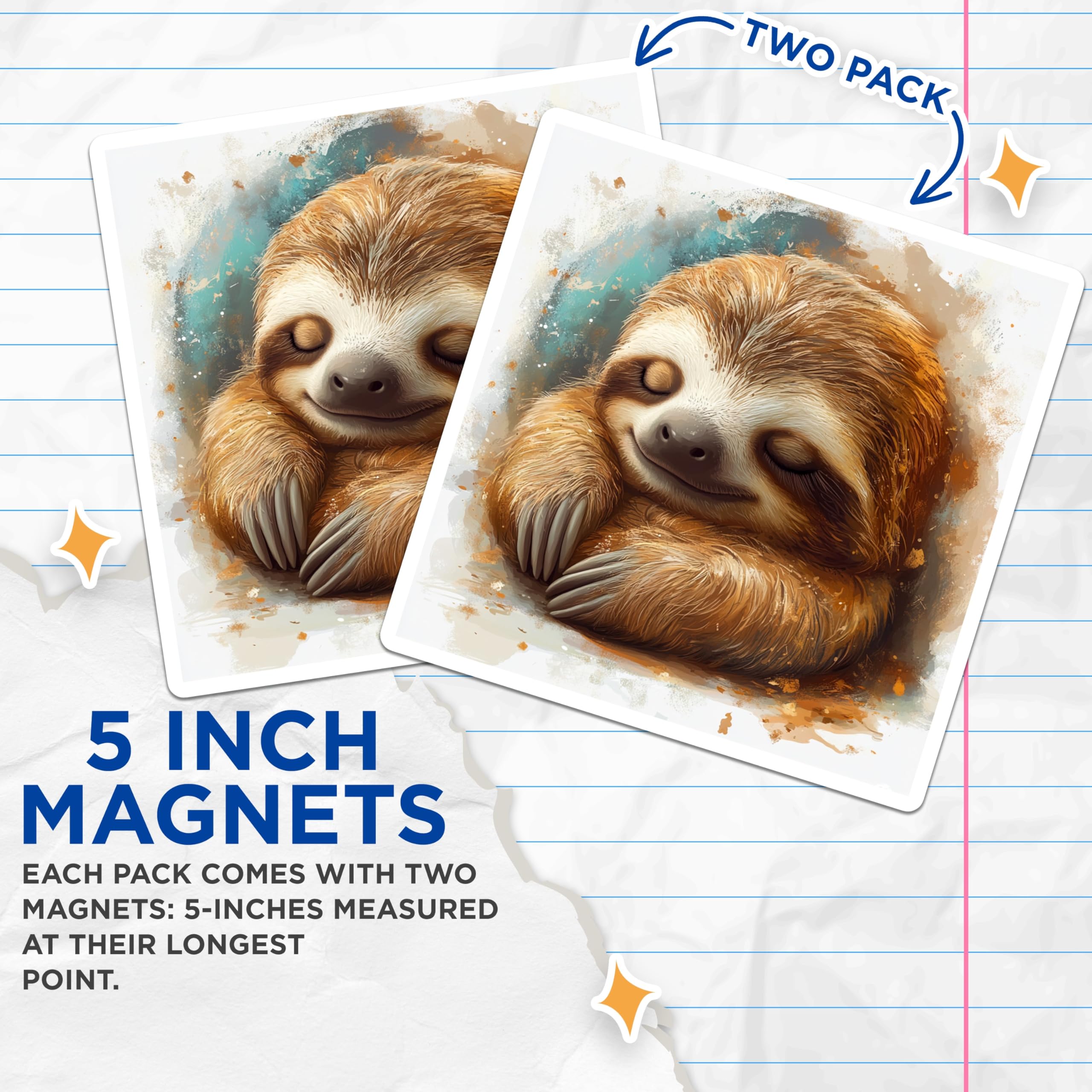 (2 Pack) Cute Sleeping Sloth Magnets - Baby Animal Decor - Cozy Aesthetic Fridge Locker Magnets - 5 Inches On Longest Side - Thick Durable Magnet - Made in USA - MAG26399