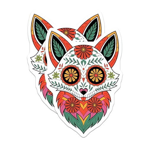 (2 Pack) Floral Fox Stickers - Colorful Animal Stickers - Artful Nature Stickers - 5" On Longest Side - Sticks to Smooth Flat Surfaces - Made in USA - BMCS9457