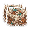 (2 Pack) Western Skull Floral Stickers - Boho Cow Skull Stickers - Floral Skull Decor Stickers - 5" On Longest Side - Sticks to Any Smooth Flat Surface - Made in USA - BMCS3422