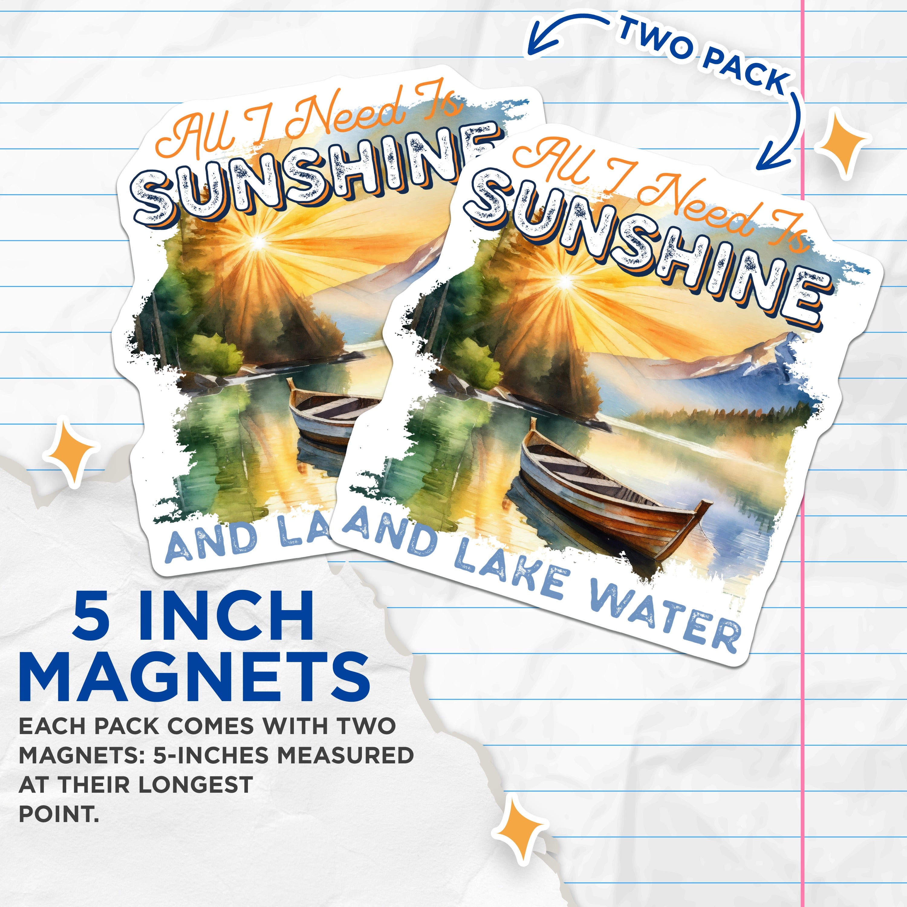 (2 Pack) Lake House Decor Magnets - Cabin Life Accessory - Sunshine Lake Water Vibe - 5 Inches On Longest Side - Thick Durable Magnet - Made in USA - MAG38027