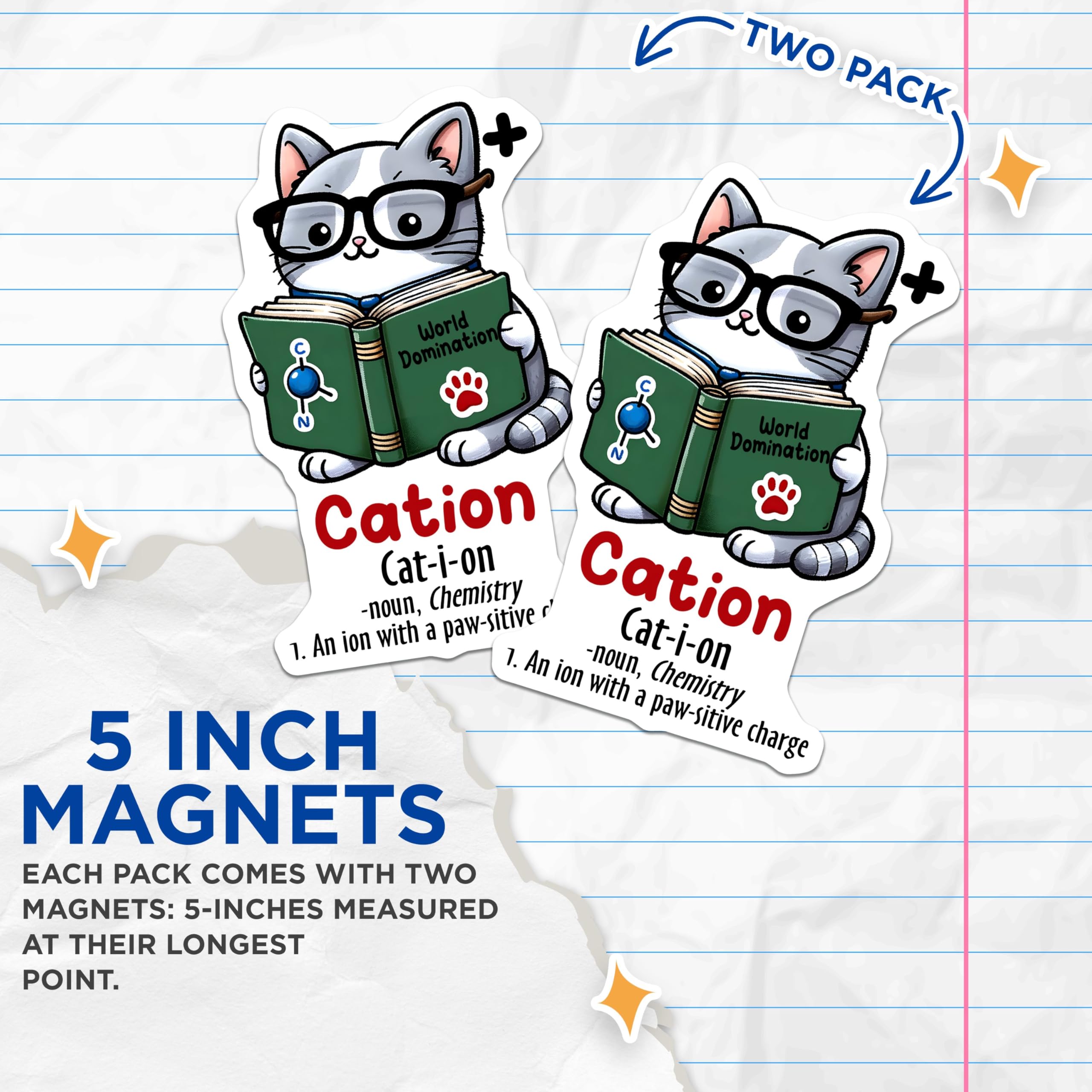(2 Pack) Cation Magnets - Chemistry Cat Puns - 5" On Longest Side - for Cars, Fridges, Toolboxes - Made in USA - MAG8028