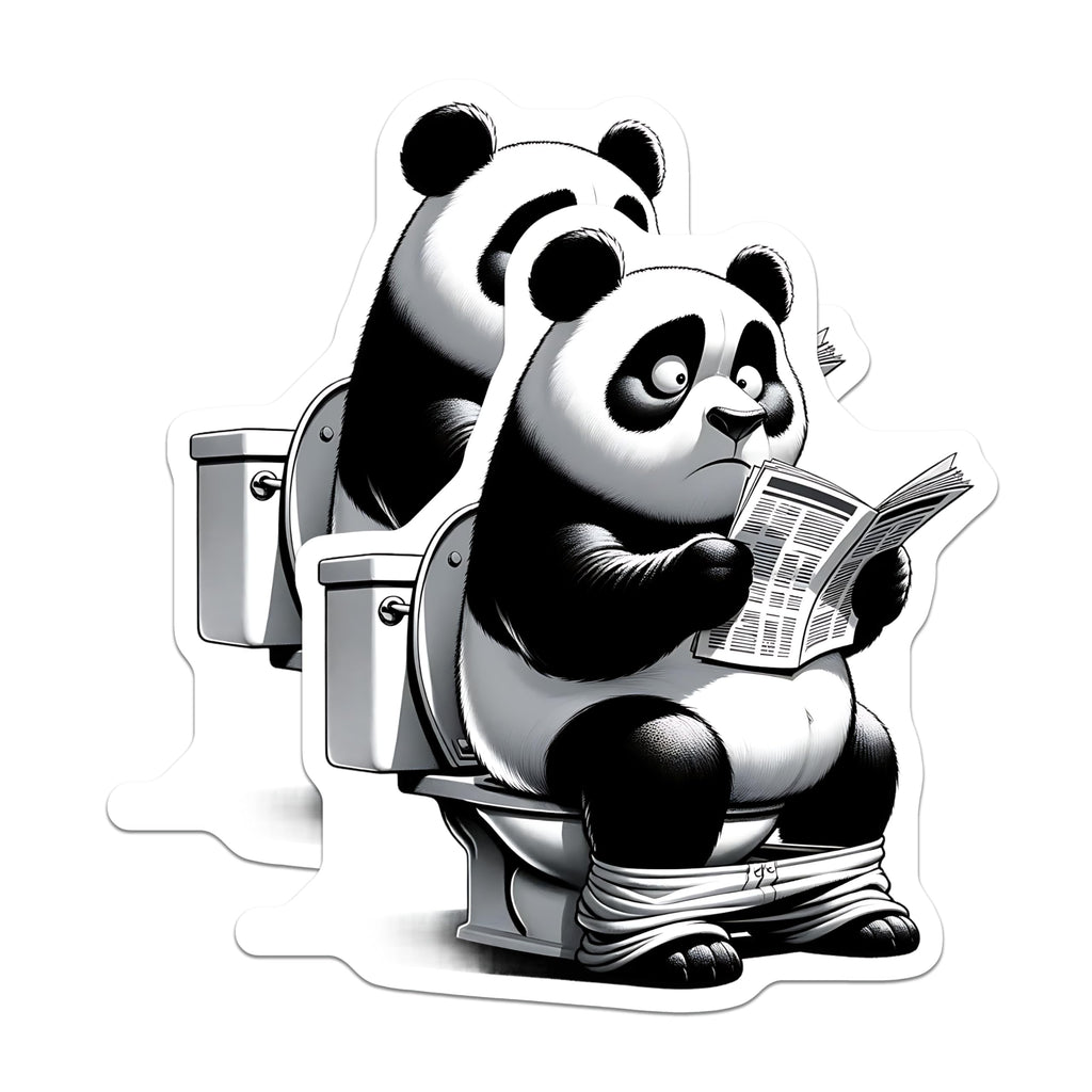 (2 Pack) Panda on Toilet Stickers - Reading Newspaper Panda - Funny Animal Stickers - 5" On Longest Side - Sticks to Smooth Flat Surfaces - Made in USA - BMCS15355