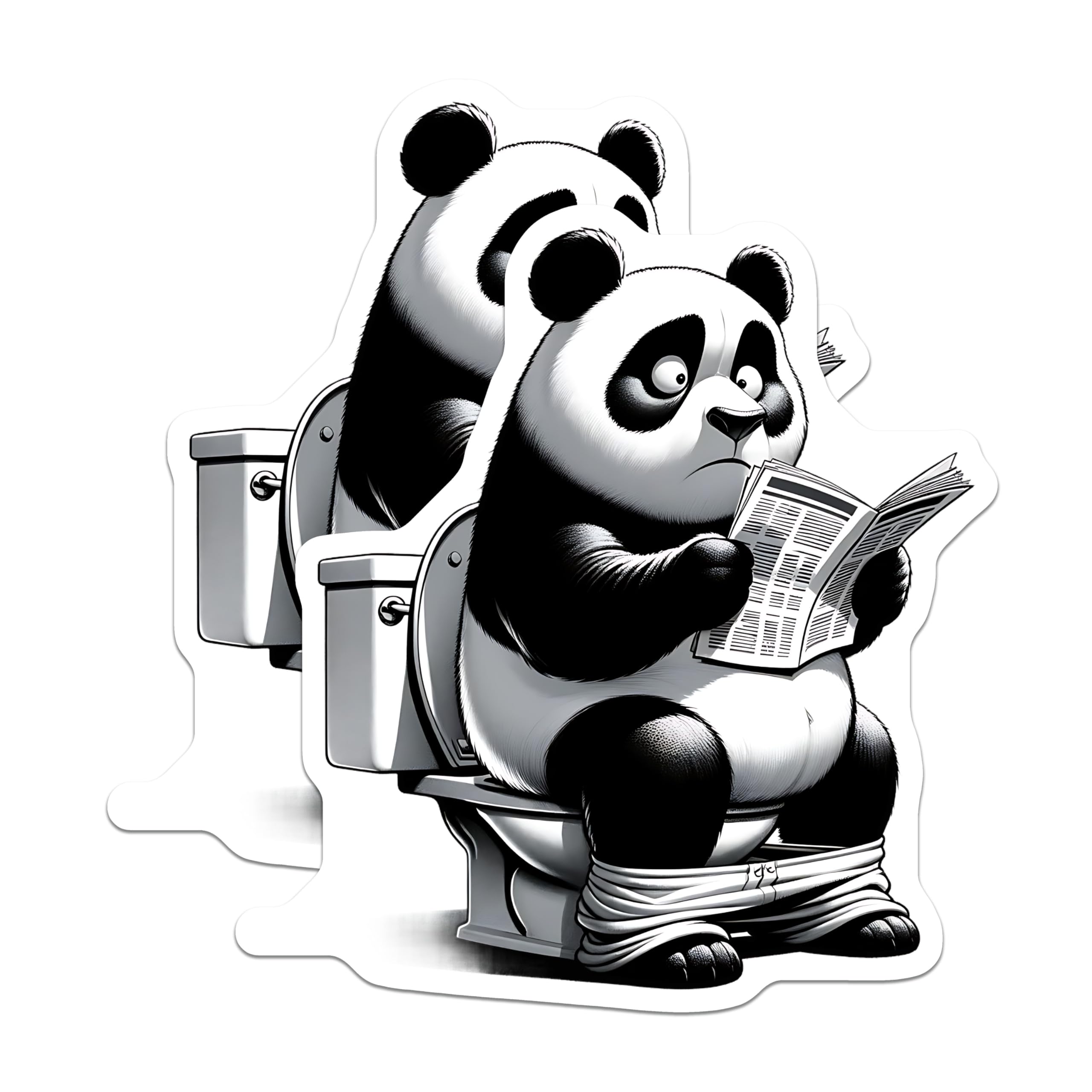 (2 Pack) Panda on Toilet Stickers - Reading Newspaper Panda - Funny Animal Stickers - 5" On Longest Side - Sticks to Smooth Flat Surfaces - Made in USA - BMCS15355