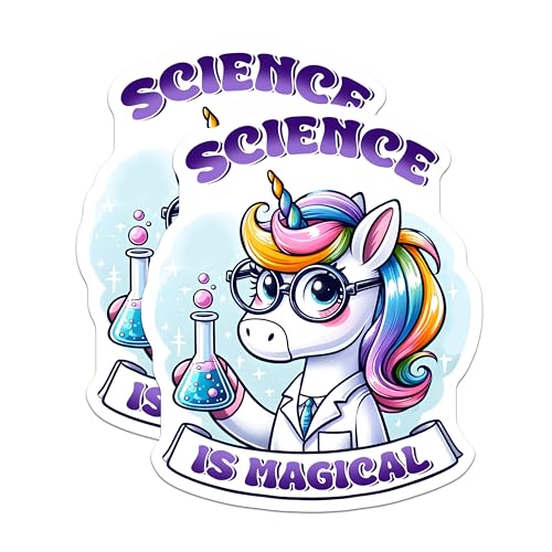 (2 Pack) Unicorn Science Stickers - Magical Unicorn - Fun Science Teacher Decal - 5" On Longest Side - Sticks to Smooth Flat Surfaces - Made in USA - BMCS8065