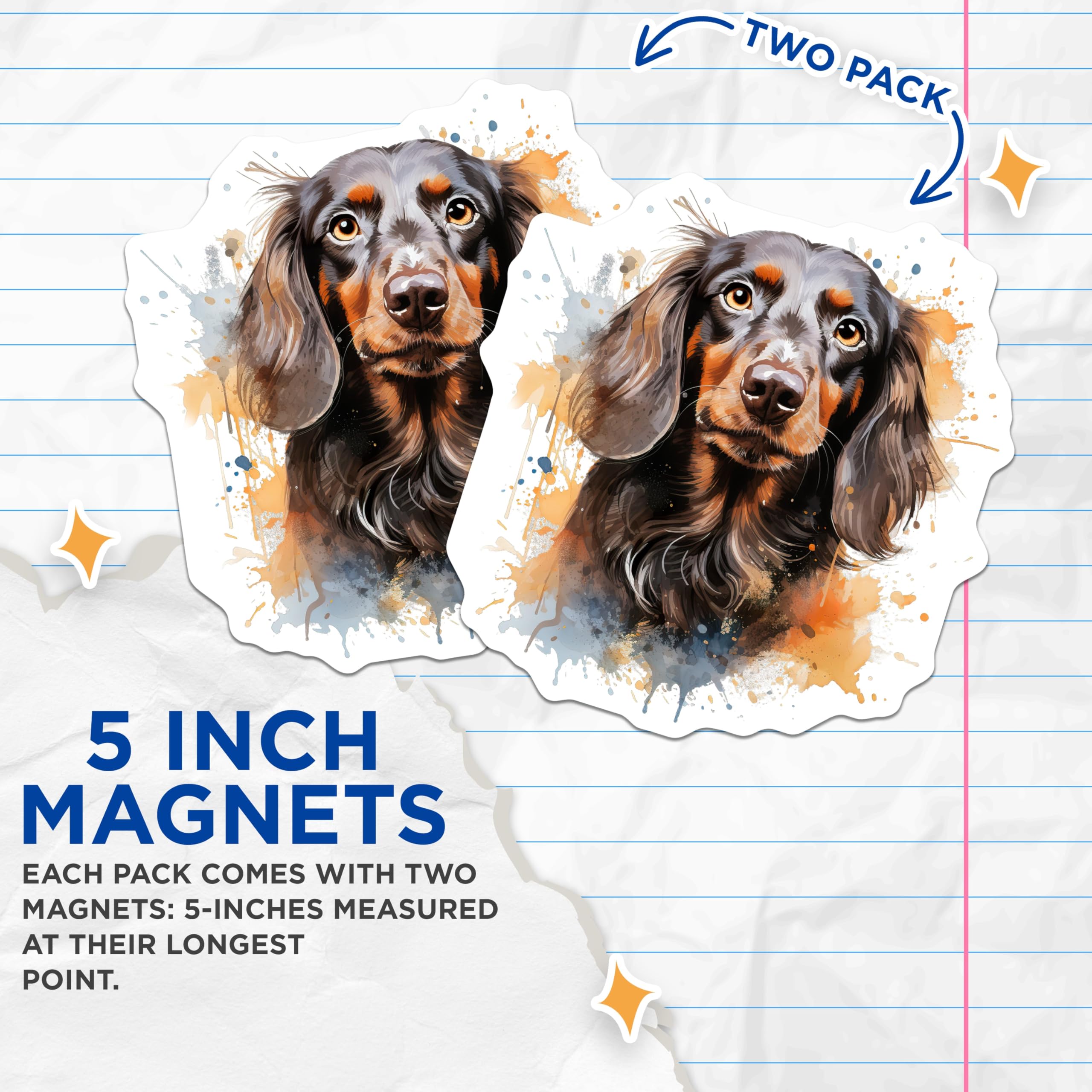 (2 Pack) Long Haired Dachshund Magnets - Watercolor Dog Art - Pet Owner Present Idea - 5 Inches On Longest Side - Thick Durable Magnet - Made in USA - MAG25661