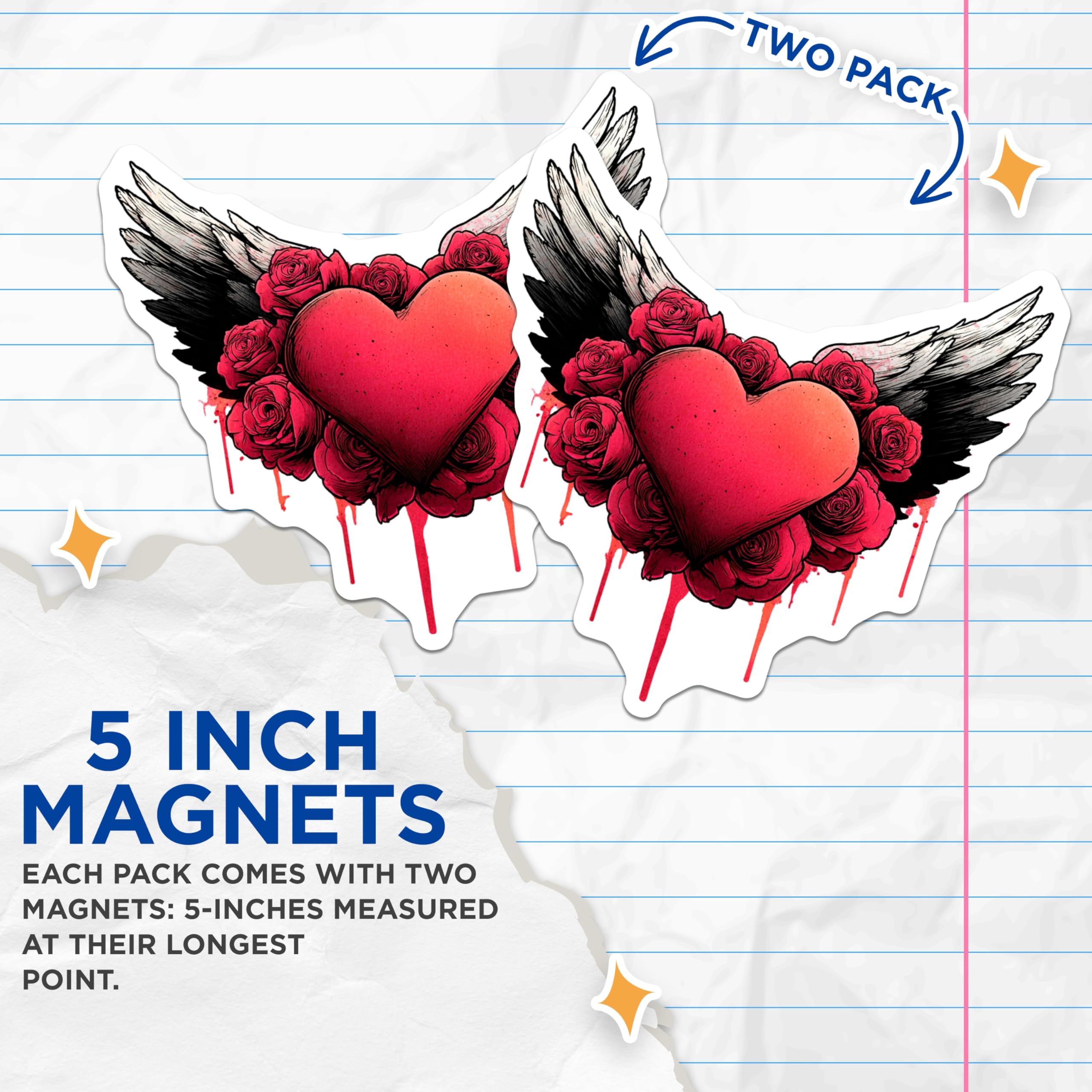 (2 Pack) Winged Heart Rose Magnets - Passionate Love Symbol Art - Gothic Floral Fridge Locker Decor - Valentines Day Accent - 5 Inches On Longest Side - Thick Durable Magnet - Made in USA - MAG20472