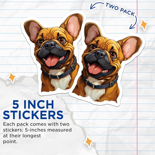 (2 Pack) French Bulldog Stickers - Cute Dog Decal - Fun Pet Lover Gifts - 5" On Longest Side - Sticks to Smooth Flat Surfaces - Made in USA - BMCS3932