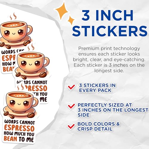 (3 Pack) Espresso Decals - Coffee Lover - Cute Coffee Cup - 3 Inches On Longest Side - Easy Peel & Apply - Made in USA - 3MCS2066