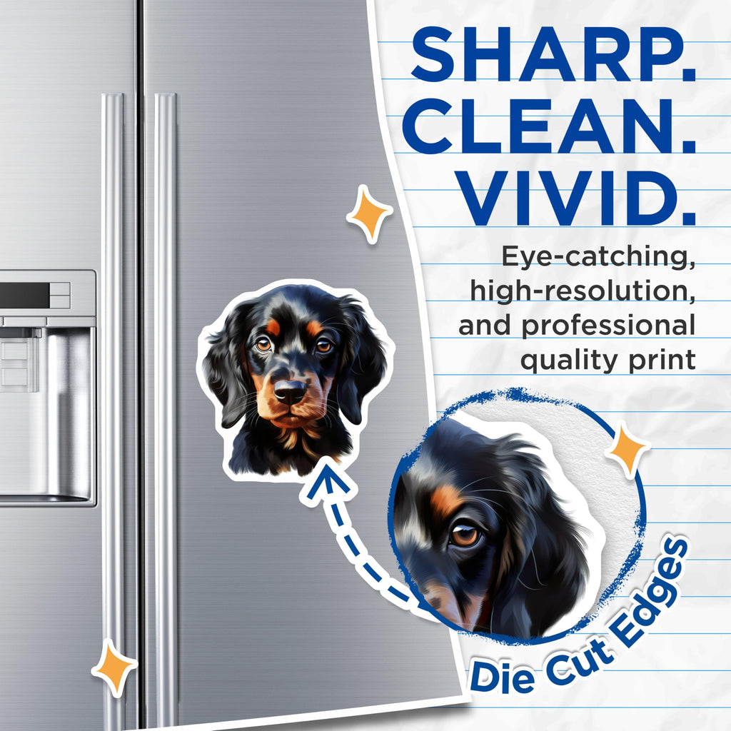 (2 Pack) Black Tan Dog Magnets - Gordon Setter Puppy Art - Spaniel Breed Decor - Pet Lover Fridge Magnet - Cute Dog Portrait - 5 Inches On Longest Side - Thick Durable Magnet - Made in USA - MAG25723