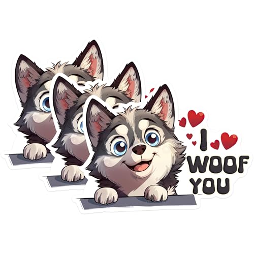 (3 Pack) Husky Decals - I Woof You - Laptop Decal, Dog Lover Decals - 3 Inches On Longest Side - Easy Peel & Apply - Made in USA - 3MCS1402
