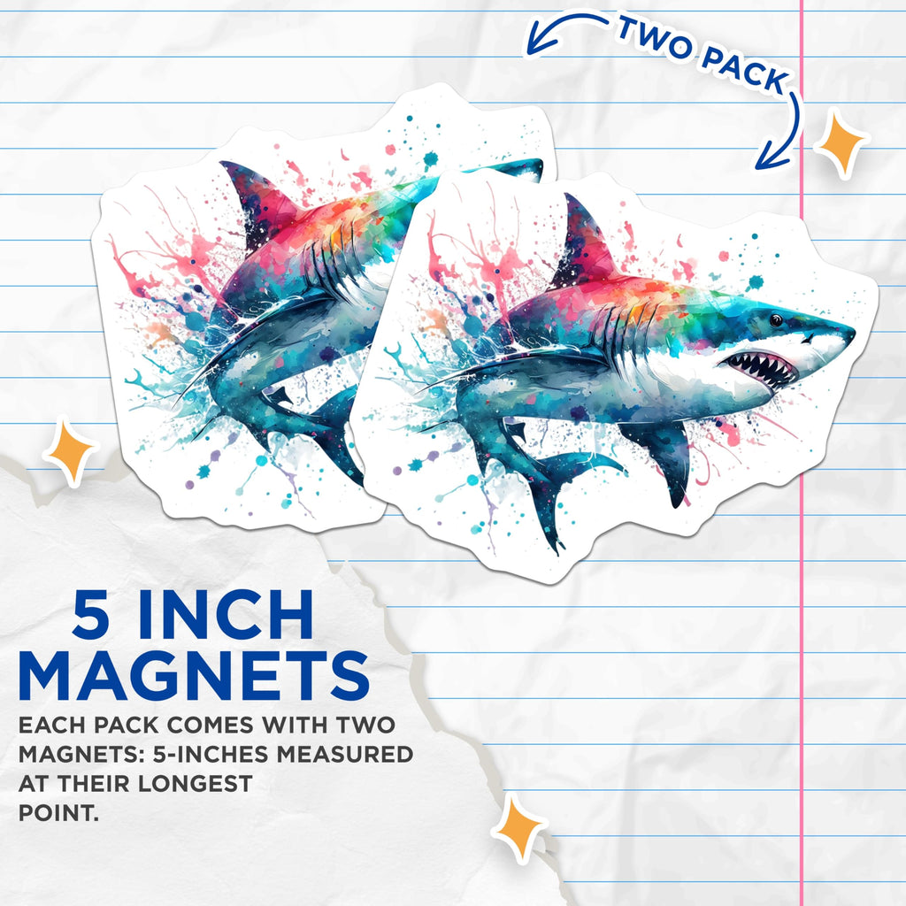 (2 Pack) Shark Magnets - Watercolor Shark Art - Fridge Magnets - 5" On Longest Side - Premium Magnet - for Cars, Refrigerators, Toolboxes, Lockers - Made in USA - MAG15354