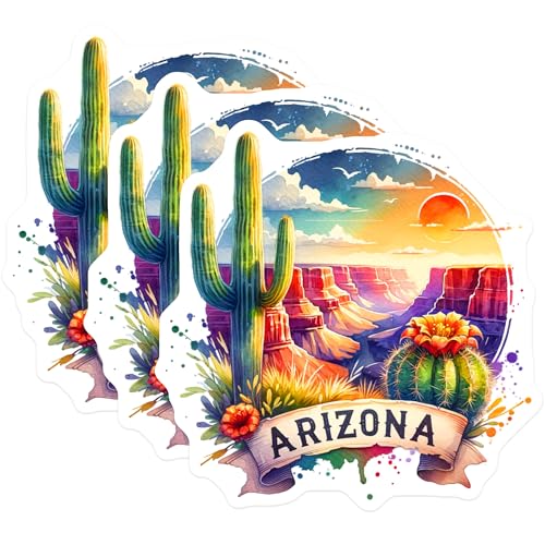 (3 Pack) Arizona Decals - Desert Landscape - Cactus Sunset- 3 Inches On Longest Side - Easy Peel & Apply - Made in USA - 3MCS5311