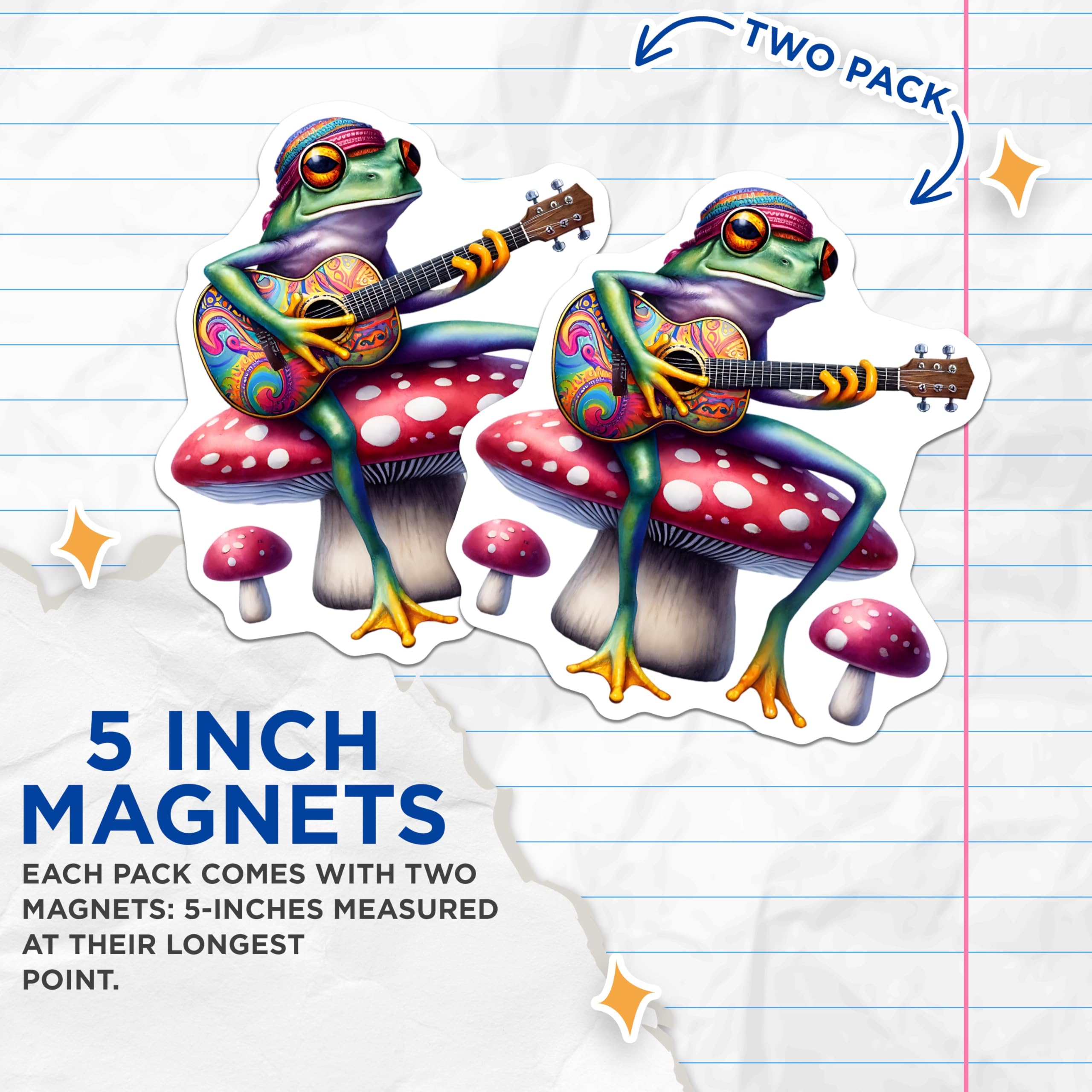 (2 Pack) Frog Musician Magnets - Mushroom Art - Quirky Fridge Decor - 5" On Longest Side - Premium Magnet - for Cars, Refrigerators, Toolboxes, Lockers - Made in USA - MAG16585