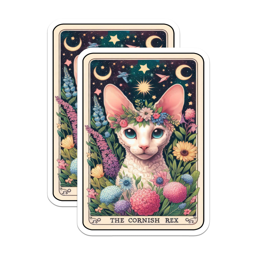 (2 Pack) Cornish Rex Cat Stickers - Whimsical Floral Cat Art Stickers - Unique Cat Lover Stickers - 5" On Longest Side - Sticks to Smooth Flat Surfaces - Made in USA - BMCS4816