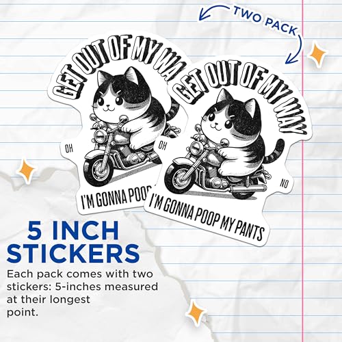 (2 Pack) Funny Cat Stickers - Humorous Cat on Motorcycle Stickers - Get Out of My Way Cat Stickers - 5" On Longest Side - Sticks to Any Smooth Flat Surface - Made in USA - BMCS3474