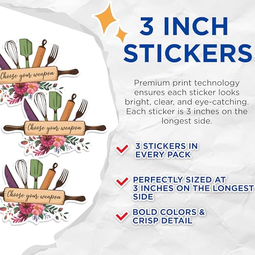 (3 Pack) Baking Lover Decals - Choose Your Weapon - Baker Kitchen Decal - 3 Inches On Longest Side - Easy Peel & Apply - Made in USA - 3MCS1668