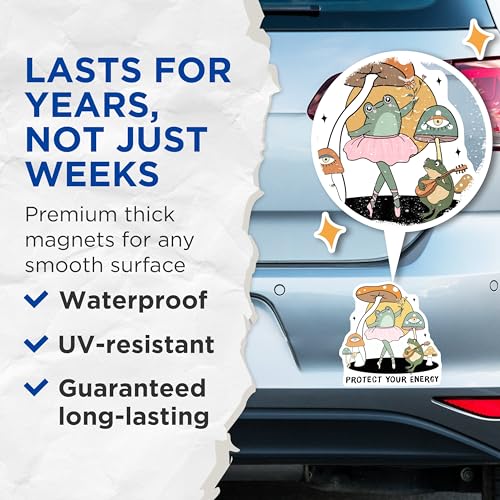(2 Pack) Protect Your Energy Magnets - Cute Frog - Mushroom Art - Whimsical Fridge - 5" On Longest Side - for Cars, Fridges, Toolboxes - Made in USA - MAG7066