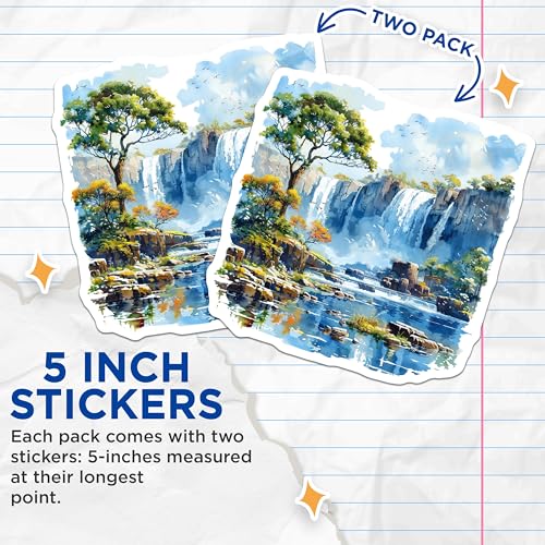 (2 Pack) Waterfall Landscape Stickers - Nature Scenic Stickers - Waterfall Art - Outdoor Adventure Stickers - 5" On Longest Side - Sticks to Smooth Flat Surfaces - Made in USA - BMCS5203