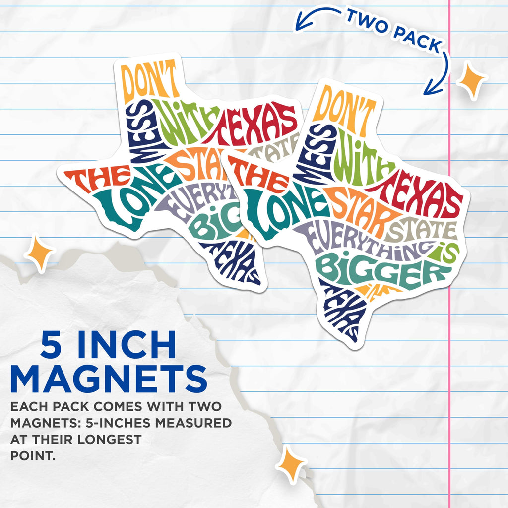 (2 Pack) Texas Magnets - Lone Star State Decor - Don't Mess with Texas Motto - 5 Inches On Longest Side - Thick Durable Magnet - Made in USA - MAG19166