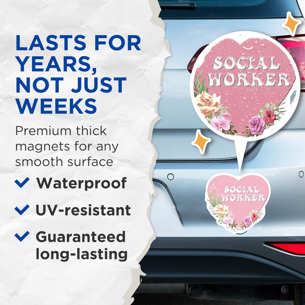 (2 Pack) Social Worker Magnets - Floral Heart Decor - Appreciation Magnet - 5" On Longest Side - Premium Magnet - for Cars, Refrigerators, Toolboxes, Lockers - Made in USA - MAG14541
