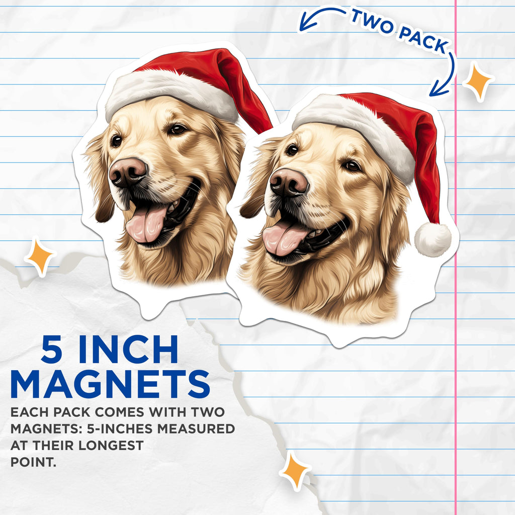 (2 Pack) Golden Retriever Christmas Magnets - Dog Holiday Decor - Pet Lover Winter Accessories - 5 Inches On Longest Side - Thick Durable Magnet - Made in USA - MAG28183