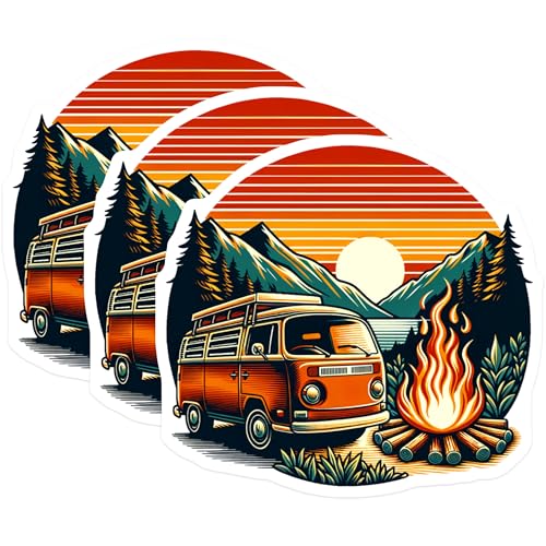 (3 Pack) Camping Van Decals - Campfire Scene - Adventure Van Stickers- 3 Inches On Longest Side - Easy Peel & Apply - Made in USA - 3MCS5182