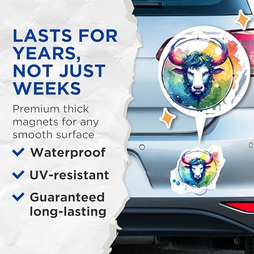 (2 Pack) Bull Art Magnets - Colorful Animal Design - Unique Watercolor - 5" On Longest Side - for Cars, Fridges, Toolboxes - Made in USA - MAG6583