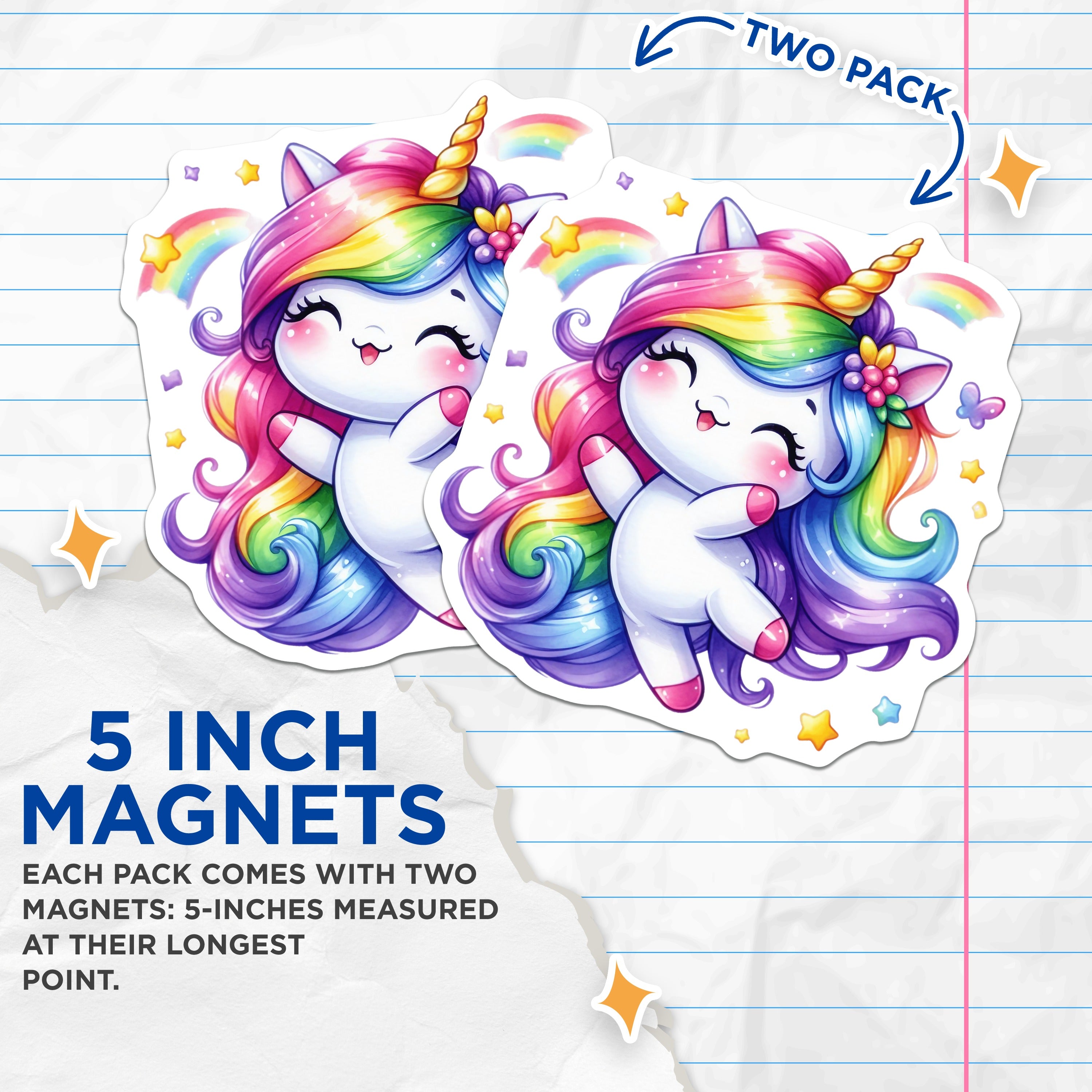 (2 Pack) Rainbow Unicorn Magnets - Cute Kawaii Fridge Decor - Kids Room Locker Accessories - Fantasy Lover Present - 5 Inches On Longest Side - Thick Durable Magnet - Made in USA - MAG36056