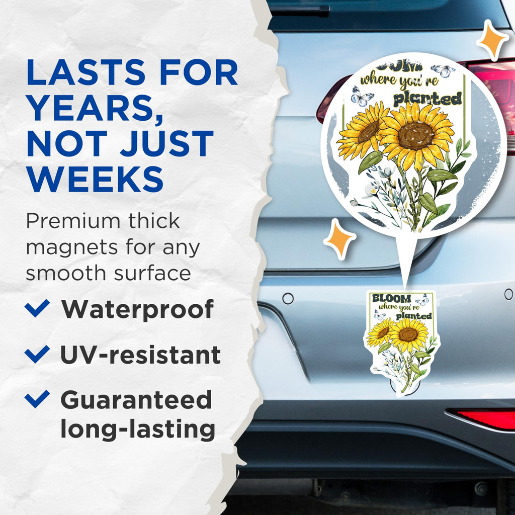 (2 Pack) Sunflower Magnets - Bloom Where You are Planted - Floral Refrigerator Decor - 5" On Longest Side - Premium Magnet - for Cars, Refrigerators, Toolboxes, Lockers - Made in USA - MAG17187