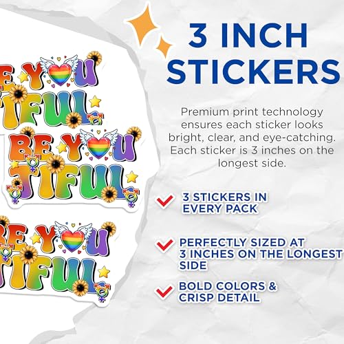(3 Pack) Be You Tiful Decals - Sunflower Stickers - Rainbow Heart Art - 3 Inches On Longest Side - Easy Peel & Apply - Made in USA - 3MCS7023