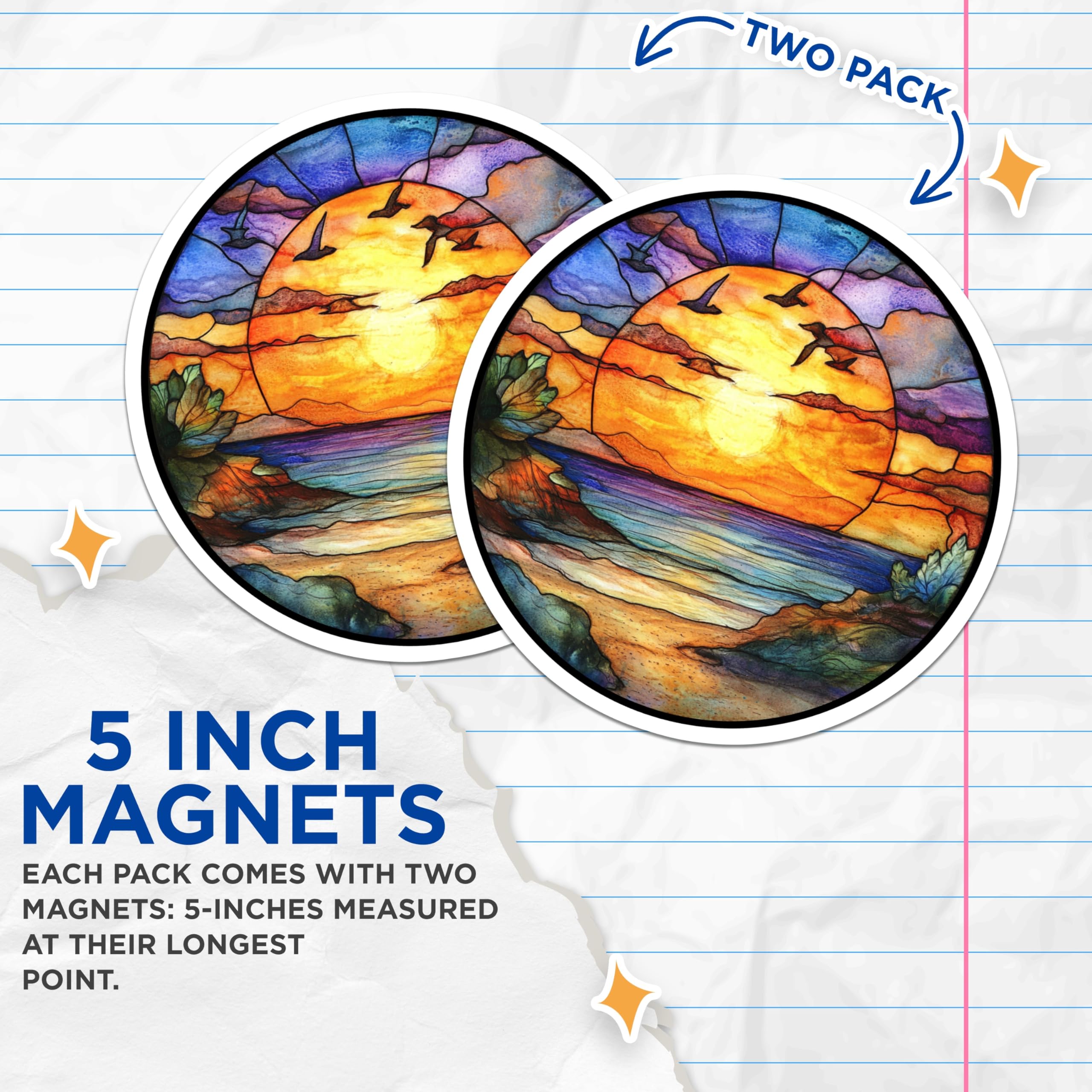 (2 Pack) Stained Glass Sunset Ocean Magnets - Vibrant Beach Landscape Decor - Coastal Refrigerator Art for Home - 5 Inches On Longest Side - Thick Durable Magnet - Made in USA - MAG30980