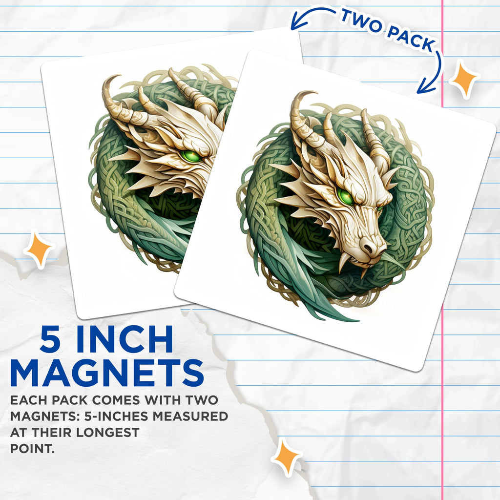 (2 Pack) Celtic Dragon Magnets - Fantasy Head Decor - Mythical Creature Refrigerator Art - RPG DND Gamer Accessory - 5 Inches On Longest Side - Thick Durable Magnet - Made in USA - MAG25543