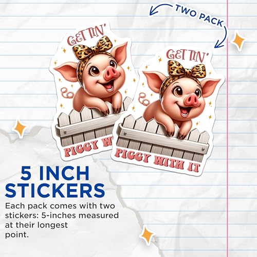 (2 Pack) Cute Piggy Stickers - Farm Animal Decals - Fun Vinyl Graphics - 5" On Longest Side - Sticks to Smooth Flat Surfaces - Made in USA - BMCS7946