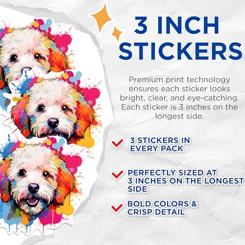 (3 Pack) Cute Dog Decals - Colorful Puppy Art - Laptop Decal - 3 Inches On Longest Side - Easy Peel & Apply - Made in USA - 3MCS0653