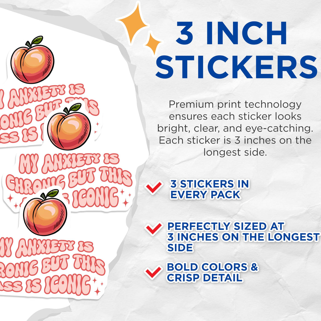 (3 Pack) Anxiety Chronic Iconic Decals - Peach Butt - Funny Laptop Decal - 3 Inches On Longest Side - Easy Peel & Apply - Made in USA - 3MCS6436