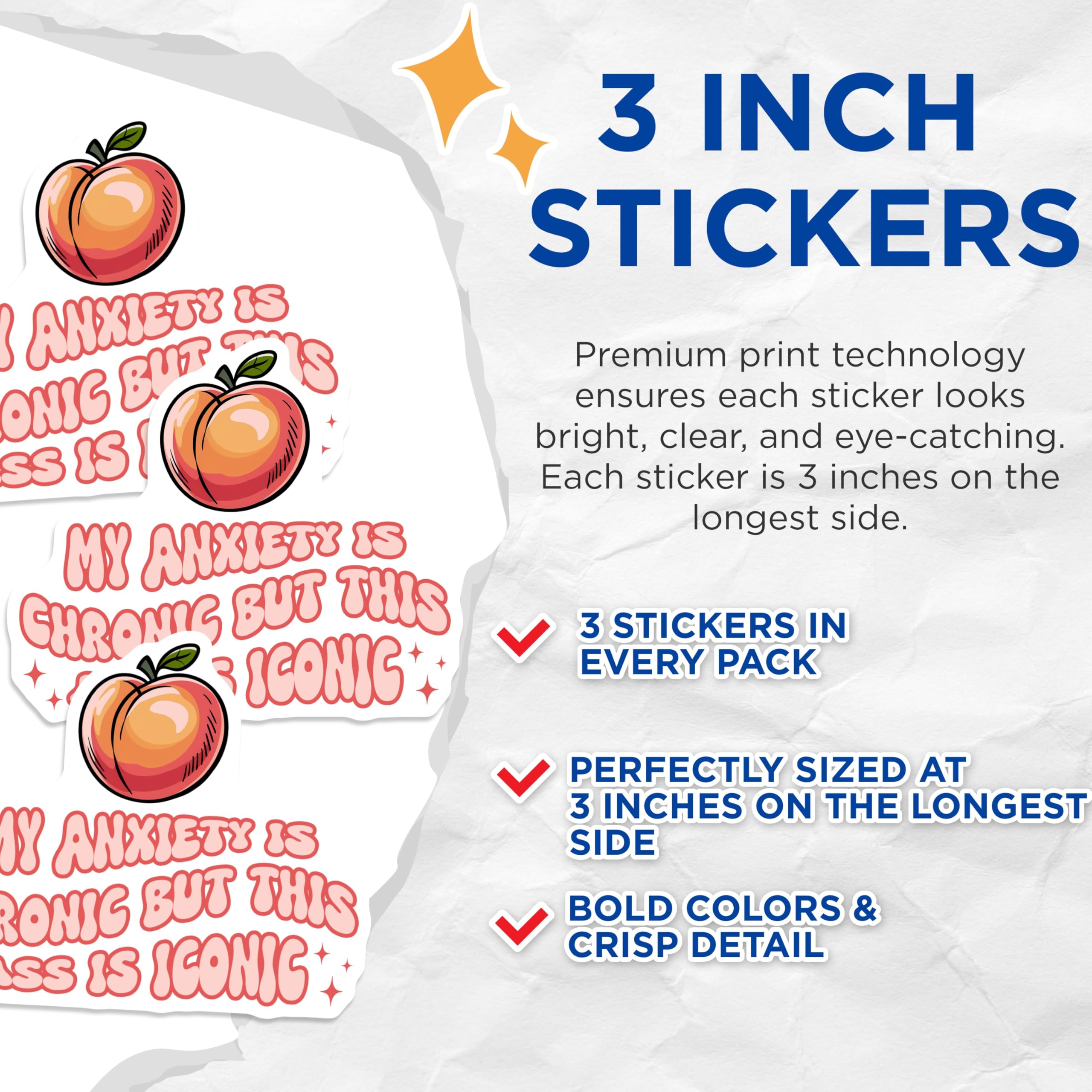 (3 Pack) Anxiety Chronic Iconic Decals - Peach Butt - Funny Laptop Decal - 3 Inches On Longest Side - Easy Peel & Apply - Made in USA - 3MCS6436