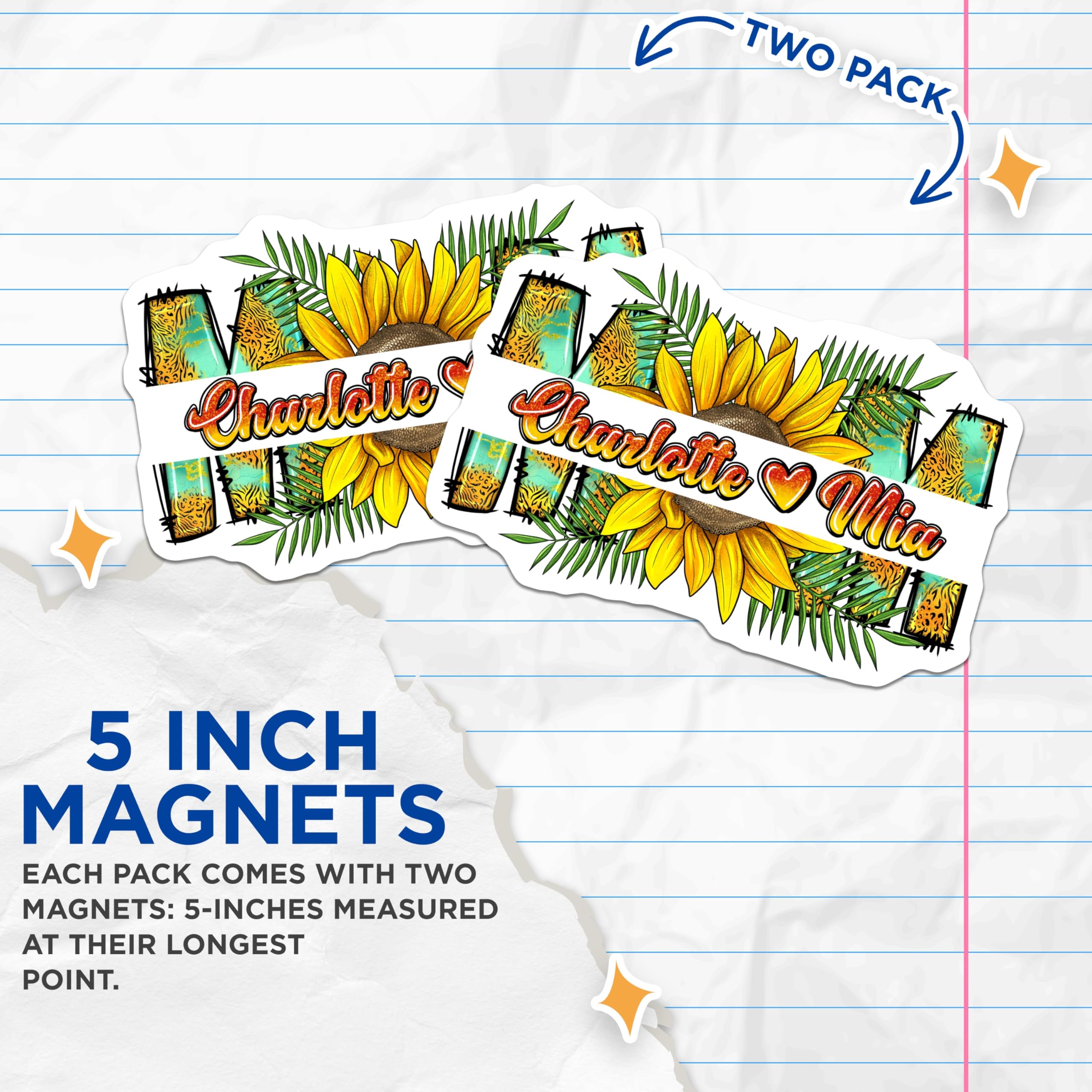 (2 Pack) Mama Magnets - Sunflower Leopard Print Palm Leaf - Custom Charlotte Mia Names - Mother's Day Fridge Magnets - 5 Inches On Longest Side - Thick Durable Magnet - Made in USA - MAG23323